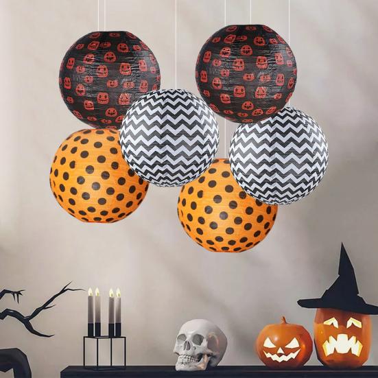 Halloween Lantern 12 Inch Paper Round Lantern Hanging Polka Dot Pumpkin Print Lantern Decoration for Party Supplies Photography Props