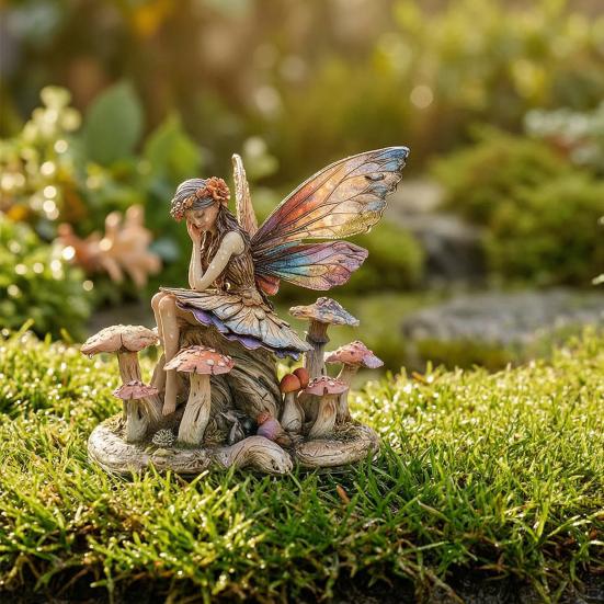 Mushroom Fairy Garden Stake, 2D Acrylic Fairy Sitting on Mushroom Yard Art Stake, Butterfly Wings Fairy Outdoor Decoration for Lawn Planter Flower