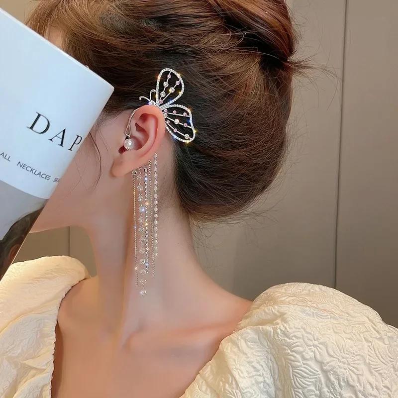 Retro Crystal Butterfly Pearl Earrings with Fashionable Long Tassels Sexy Hollow Out Women's Elegant Earring Sweet Girls Jewelry