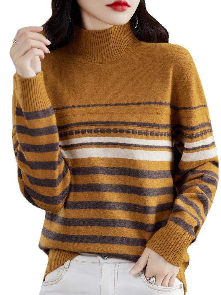 Γυναικεία μόδα casual ρίγες φθινοπωρινά χειμωνιάτικα μακρυμάνικα πουλόβερ με μισό ζιβάγκο