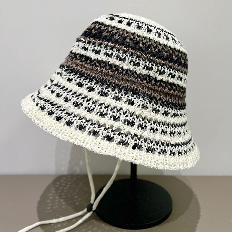 

Весенне-летняя вязаная ажурная контрастная полосатая шапка рыбака Дети показывают свои лица Маленькая панама Шляпа от солнца one size