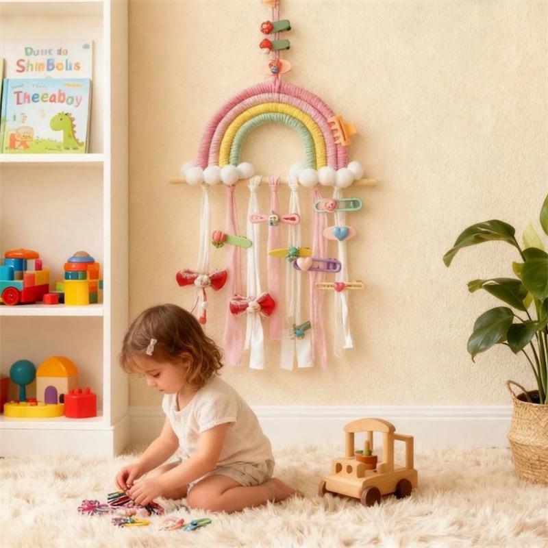 Nordic Style Rainbow Tassel Pom-Pom Hair Accessories & Clips Organizer - Children s Room & Wall Decor