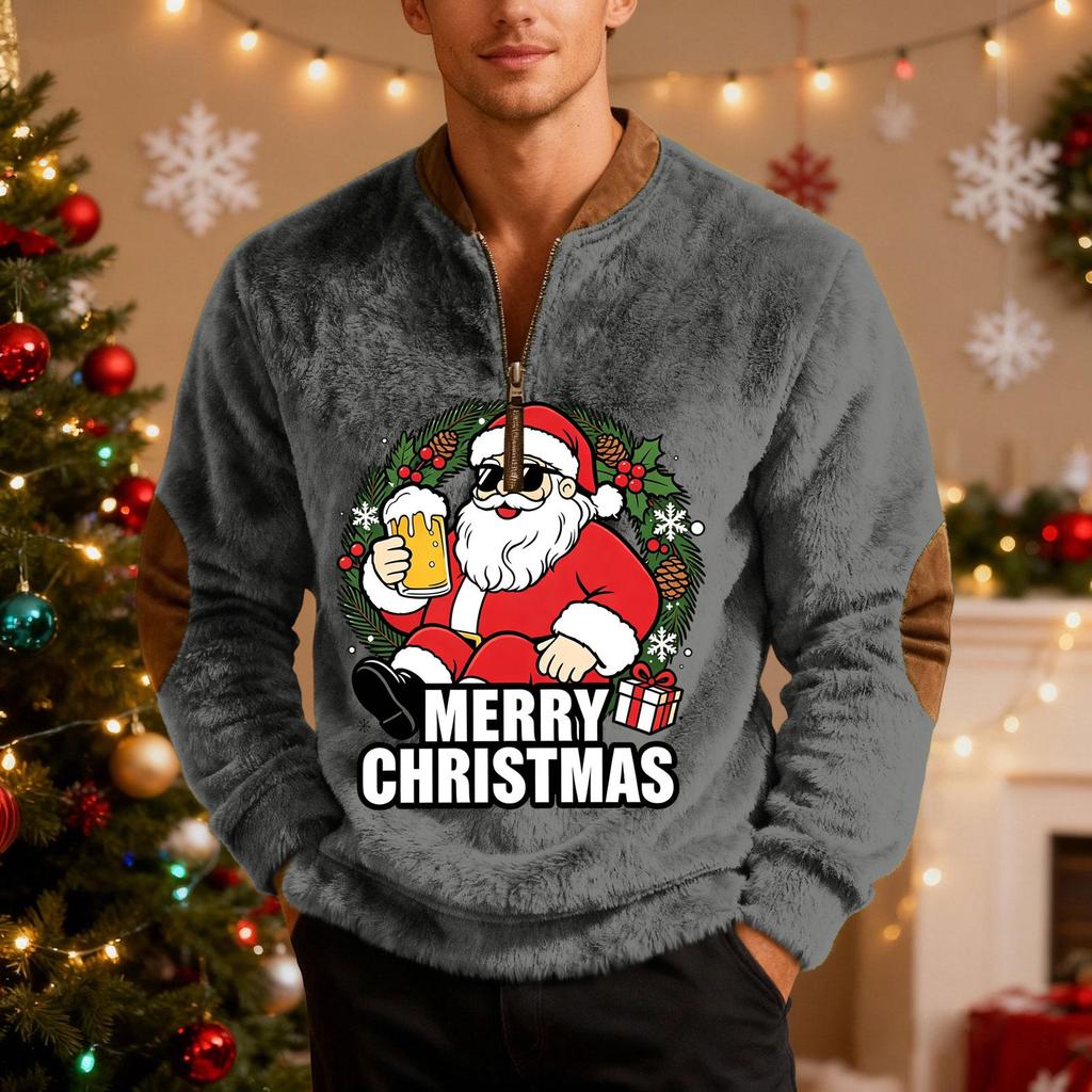 Men's Casual Christmas Print Zip-Up Sweatshirt for Holiday Parties and Everyday Wear