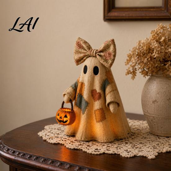 Farmhouse Style Fall Accents Lighted Vintage Patchwork Ghost LED Light Ghost with Pumpkin Lantern Halloween Decor Nostalgic Decor Ghosts Lamp,