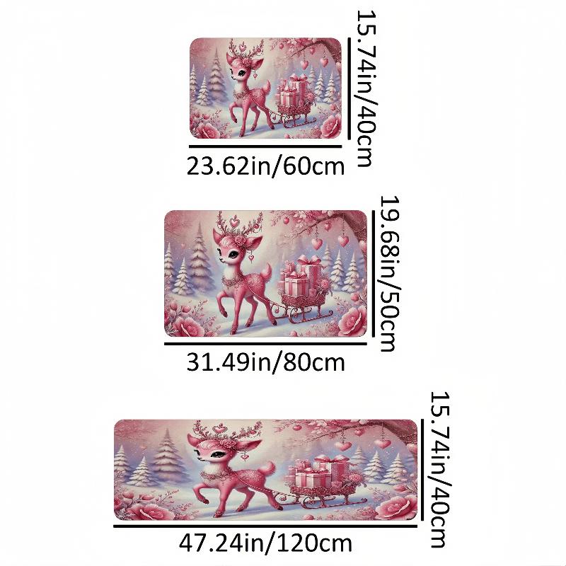 1Pcs Anti Fatigue Kitchen Rugs,Christmas Pink Deer  Print Waterproof Non-Slip Thick Cushioned Kitchen Mat Heavy Duty Comfort Standing Mat for Kitchen