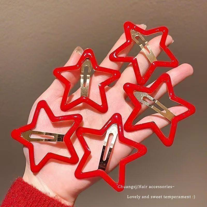 Red Pentagram New Year Star Hair Clip - Festive Side Bang Accessory for Women and Girls