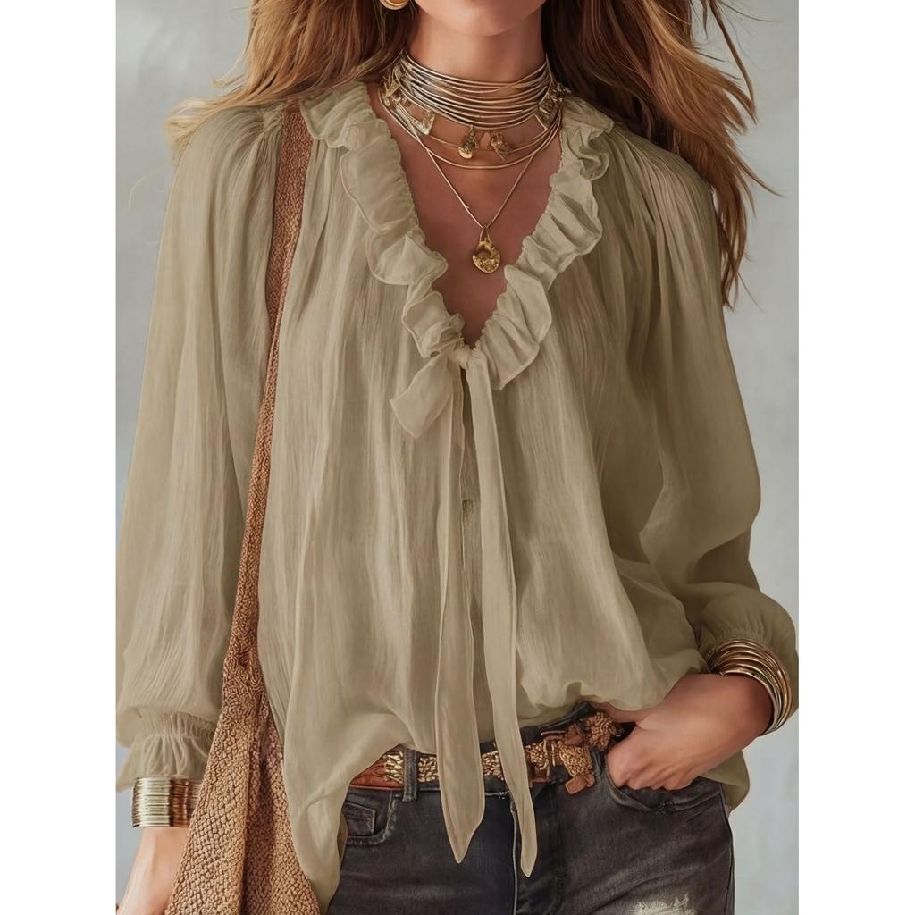 Damen Sommer Weißes Hemd Einfach Locker V-Ausschnitt Mode Uni Rüschen Spleißdesign Langarm Top Lässig Schnürung Blusen Damen