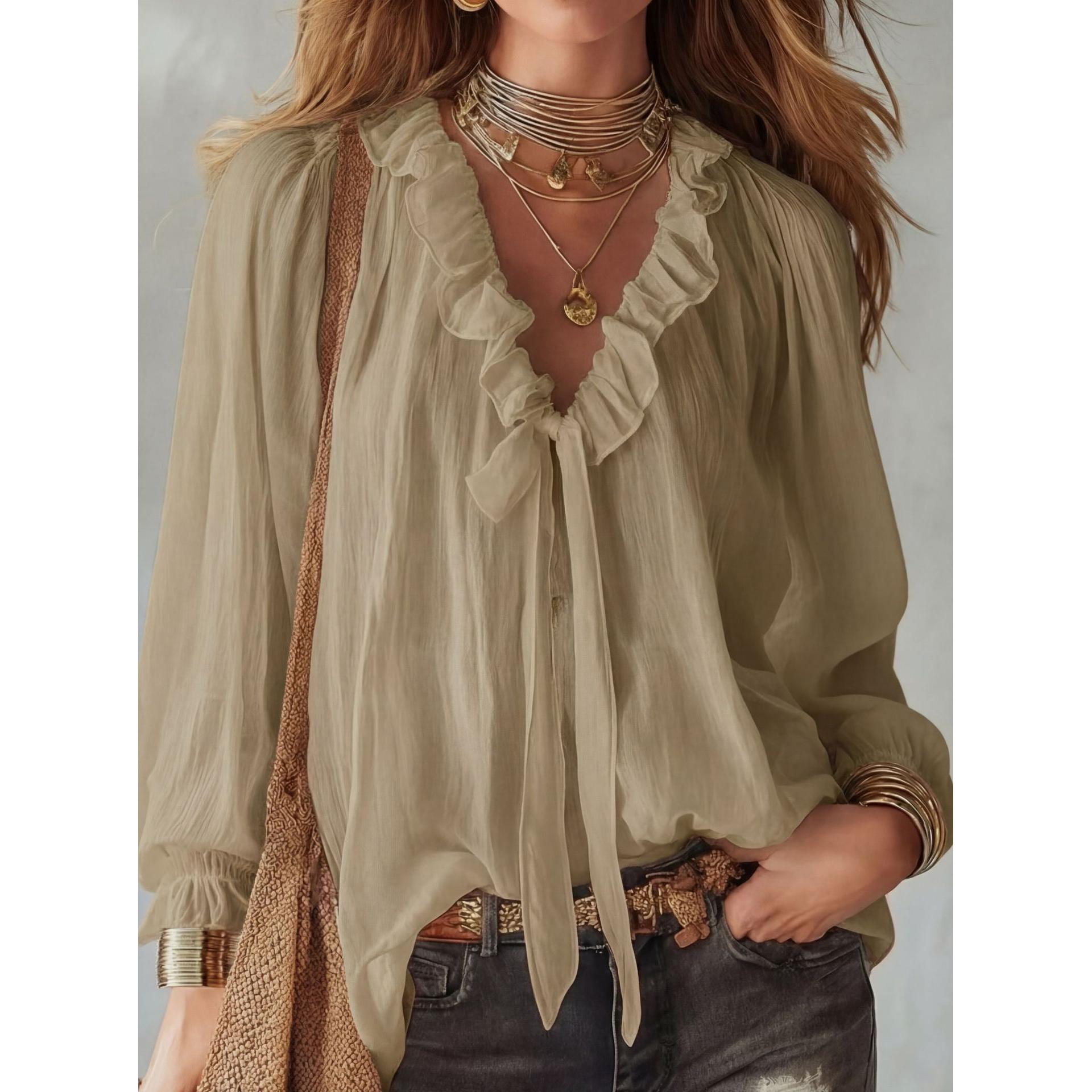 

Women s Summer White Shirt Simple Loose V-neck Fashion Solid Ruffle Splicing Design Long Sleeve Top Casual Lace Up Blouses Women S хаки