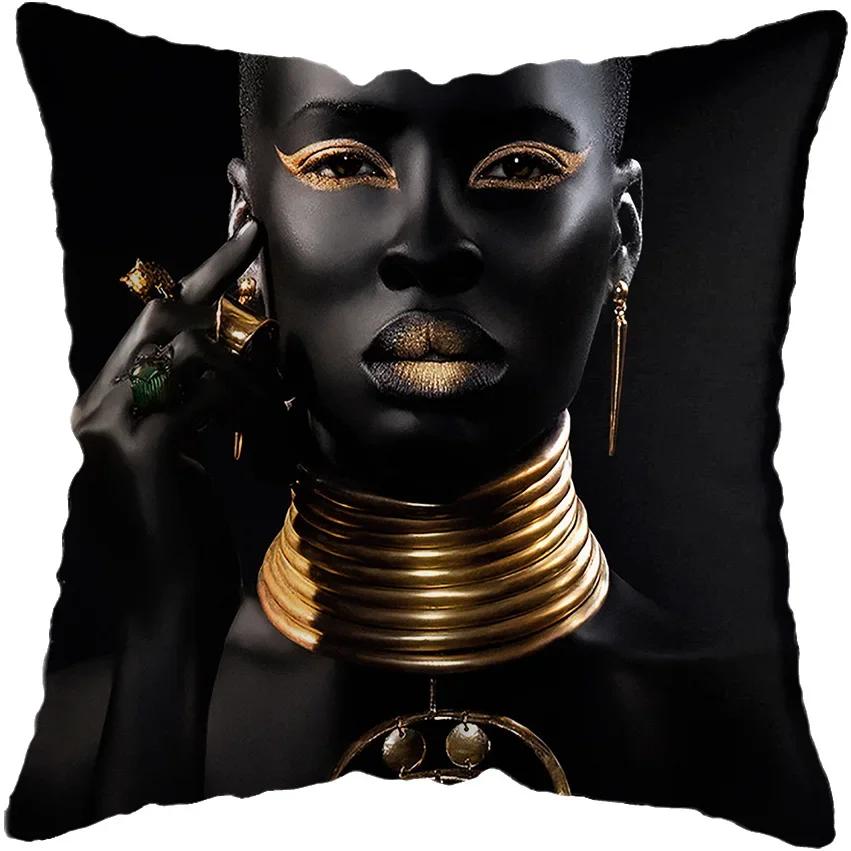 45*45CM Modern Living Room Black Gold African Lady Woman Style Look Art Deco Sofa Pillowcase Cushion Cover