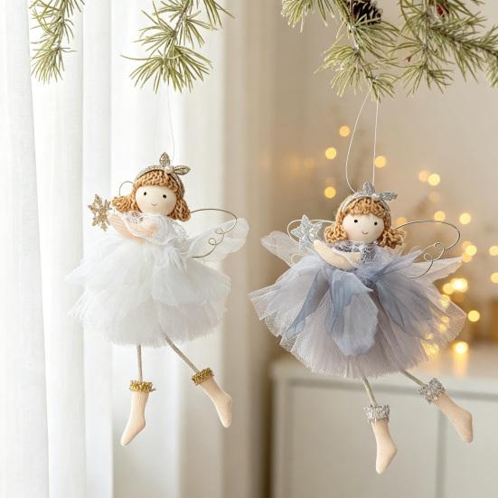 Elegant Christmas Room Furnishings Angel Doll Hanging Ornaments with Lace Mesh And Glitter Wings for Fairy Tale Style Tree Decoration, Fabric Pendant