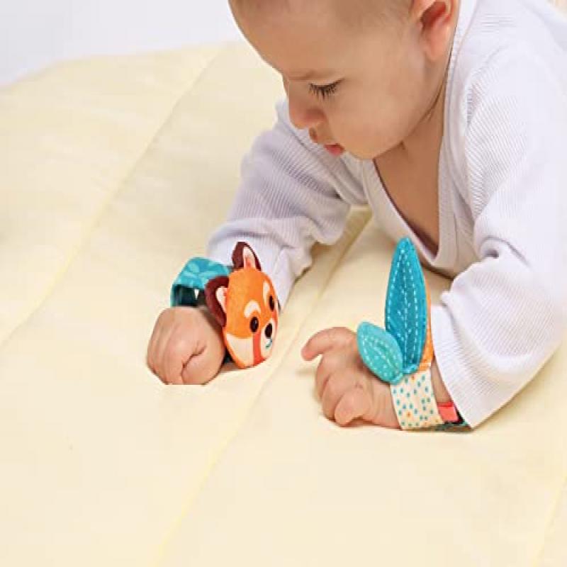 LUDI Baby Wrist & Ankle Rattles, Newborn Sensory Stimulation Toy, 2 Socks + 2 Adjustable Animal Head Bands, Develops Fine Motor Skills