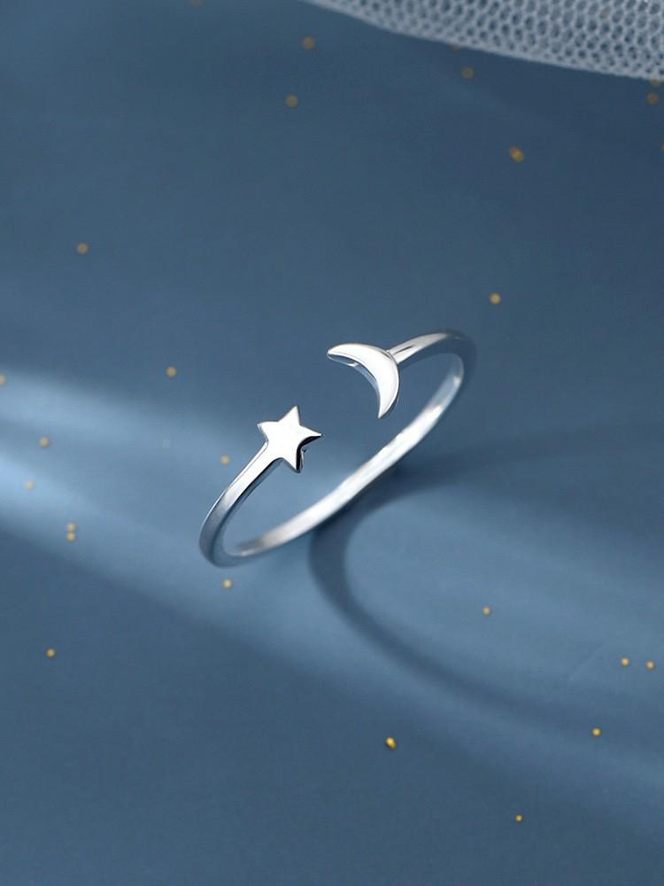 

Открытое кольцо со звездой и луной, посеребренное 925 пробы: Элегантный летний дизайн для женщин Adjustable Open