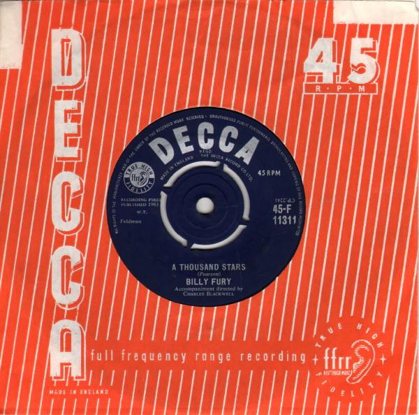 

7inch Record BILLY FURY - A Thousand Stars 45F11311 Decca 1960 UK Rock Used