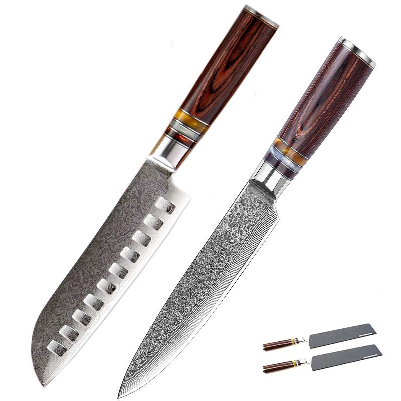 2-teiliges Damastmesser-Set, Santoku-Schneide-Küchenmesser, VG10, 67-lagiges japanisches Damaststahlmesser