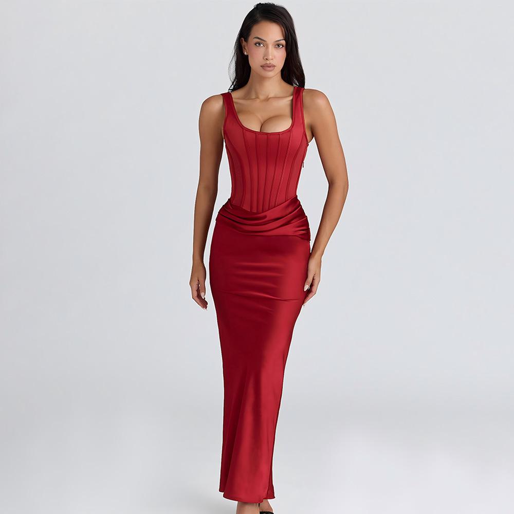 European and American women s clothing spring new fashion suspender sexy backless fishbone corset waist fold slim hip wrap dress women S