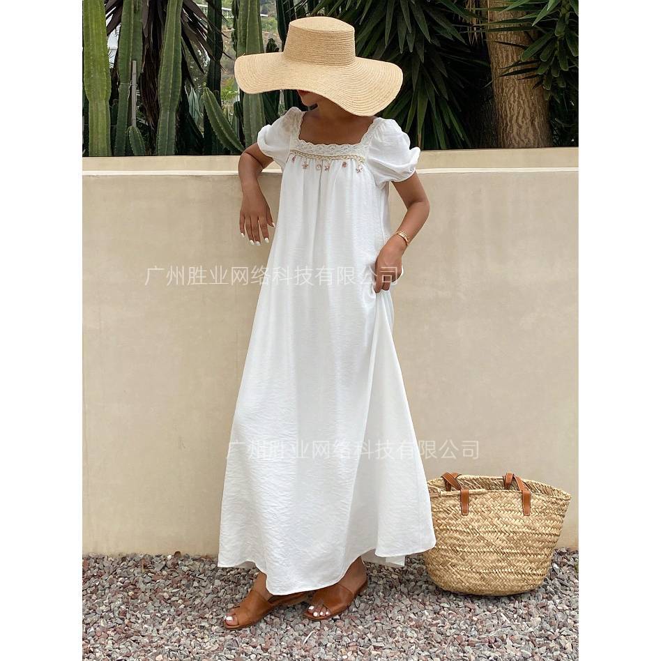 2025 summer new European and American cross-border foreign trade summer lace square collar pleated bubble sleeve long skirt seaside vacation style
