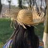 Handwoven Straw Hat with Raw Edges and Wide Brim, Hawaiian-Style Costume Prop, White