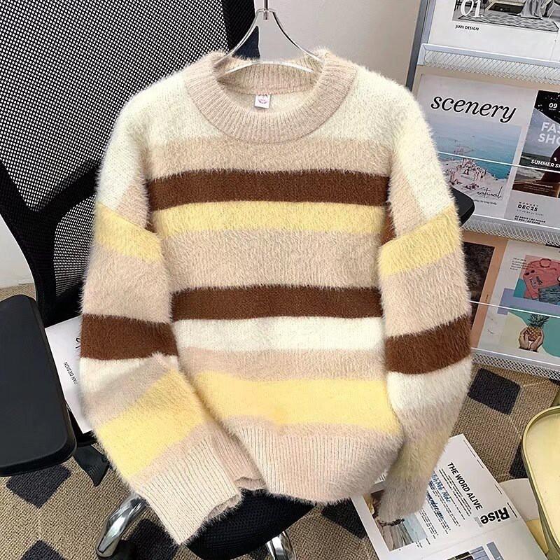 Pull Tricoté Oversize Hommes Femmes Hiver Chaud Coupe Ample Col Rond Manches Longues Pull avec Détail torsadé