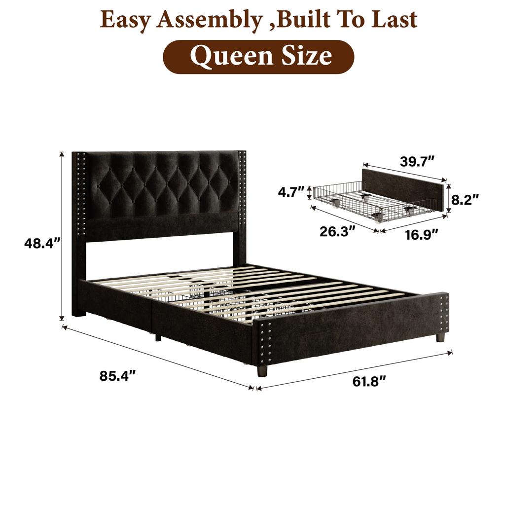 Bed Frame Bed Frame with Storage Drawers Soft Headboard Wood Slats Easy Assembly Metal Bed Frame Mattress Foundation for Bedroom