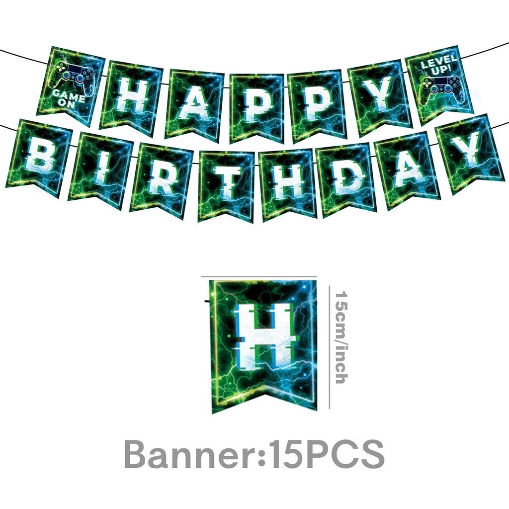 Blue-Green Lightning Glitch Game Controller Birthday Party Tableware Set