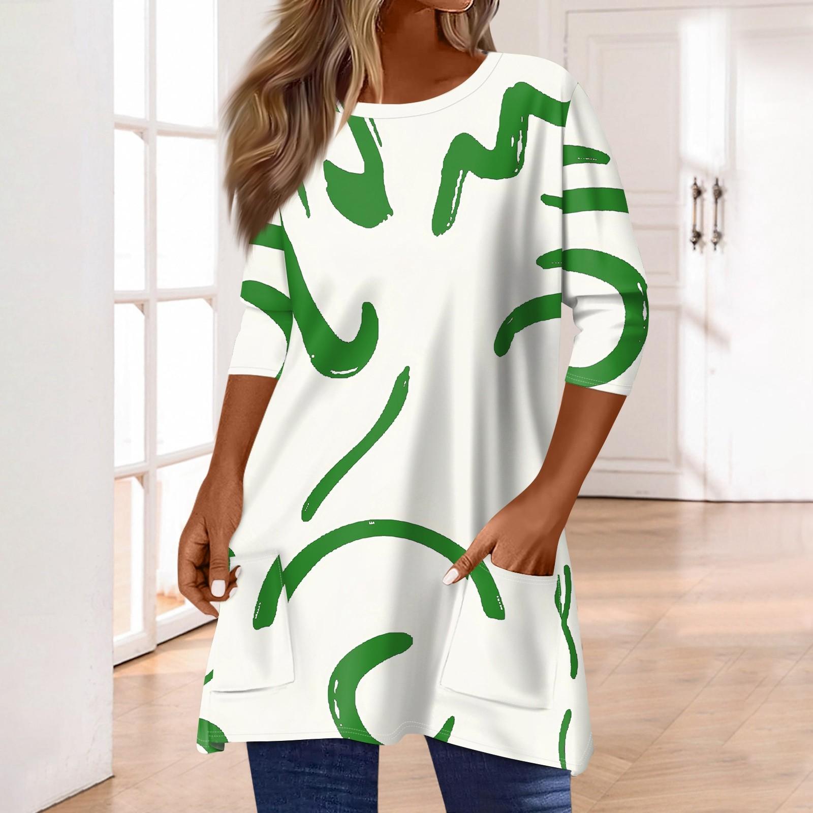 

3/4 рукава кармана топы для женщин футболка повседневный принт средней длины топы футболка круглый вырез пуловер блузка S