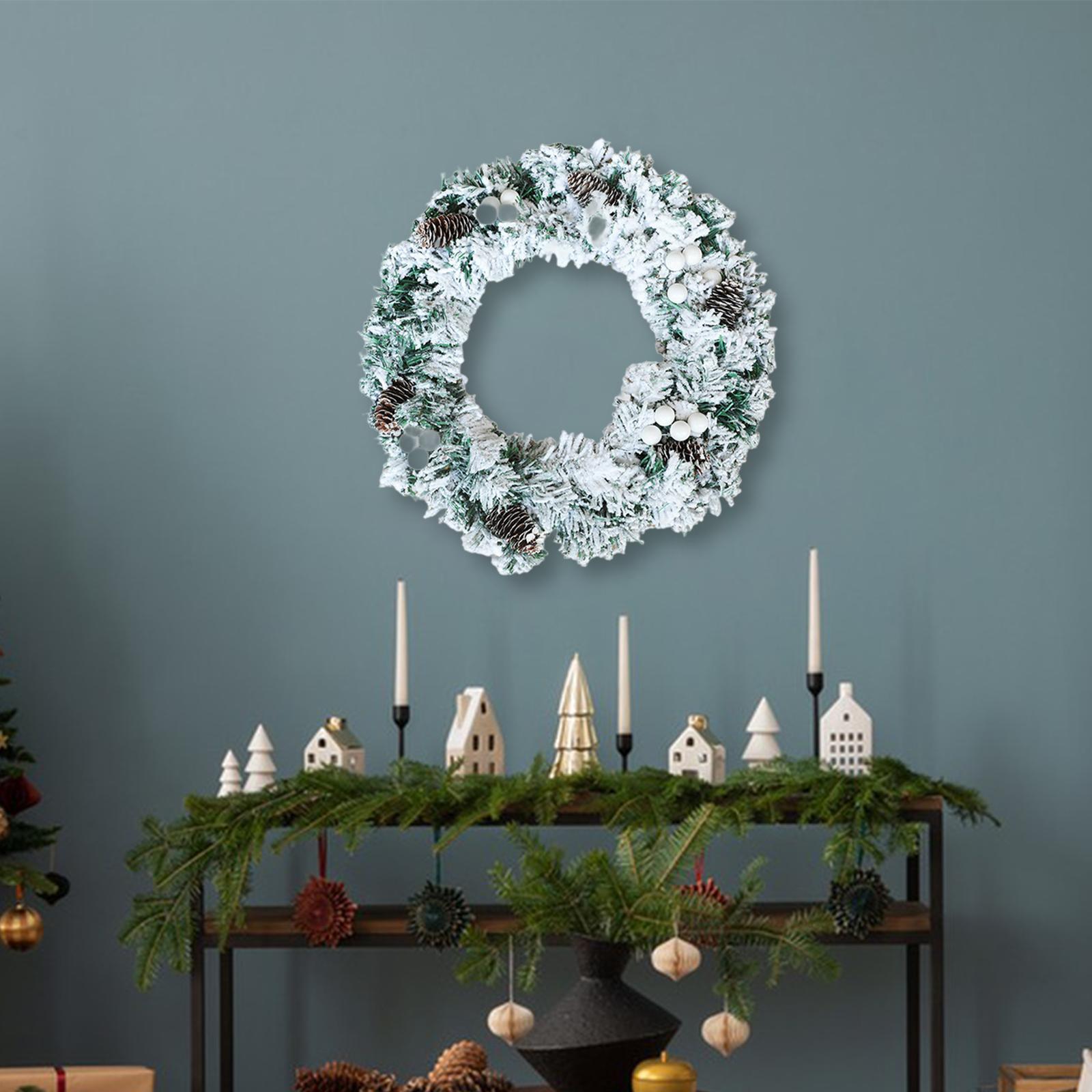 

Snow Flocked Christmas Wreath Outside Christmas Tree Ornament Backdrop Artificial Wreath Door for Window Garden Lawn Wall Office білий