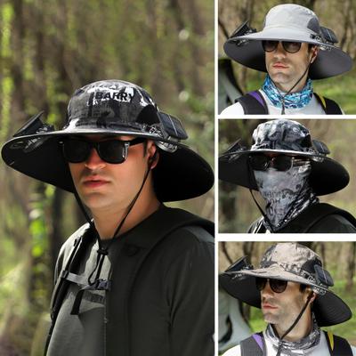 1 Set Buiten Zonnehoed met 2 Ventilatoren Grote Rand Winddichte Riem Zonne- of USB-oplaadbaar Anti-UV Zonbescherming Goede Ademendheid Buiten Vissen Kamperen