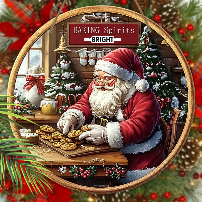 Weihnachtsschild aus Holz mit freundlichem Weihnachtsmann-Muster, Frohe Weihnachten rundes Schild für Haustür, Küche, Hängedekor, Idealer Weihnachtsschmuck