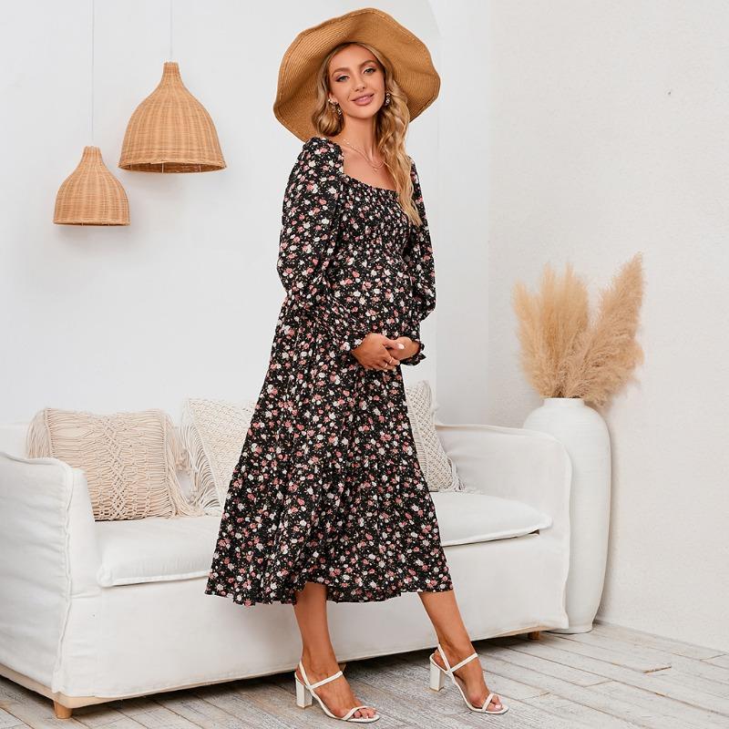 YYFS Women's Fashion Spring Fall Flower Pattern Print Long Sleeve Square Collar Loose Waistline Casual Dresses