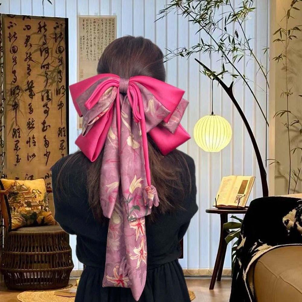 Contrast Color Satin Ribbon Headdress Sweet Christmas Hair Accessory Oversized Bow Hair Clip  Daily
