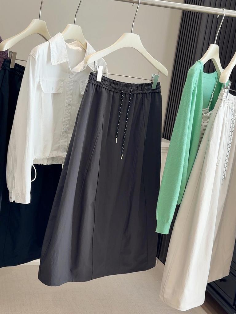 Women's A-line High-Waisted Cargo Midi Skirt, Spring/Autumn Style, Elastic Drawstring Waist, Slimming Fit for Pear-Shaped Figures