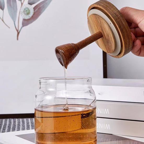 Glass Honey Jar 400ml Transparent Sealed Tank with Wooden Lid Dip Sticks Airtight Canister Syrup Dispenser for Home Kitchen Bar