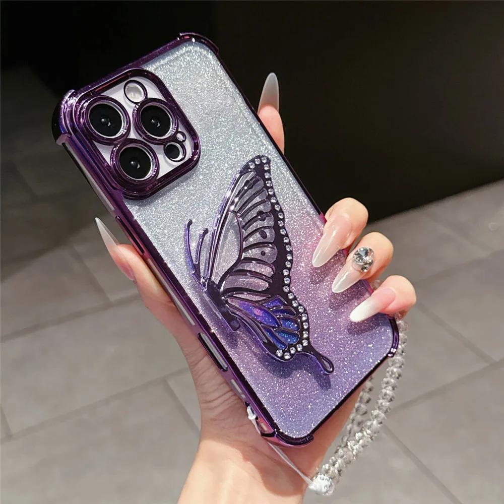 Shockproof Quicksand Butterfly Holder Stand Phone Case For Xiaomi 14T 13T 12T Pro 11 Lite 5G NE 15 12S 12X Crystal Chain Cover