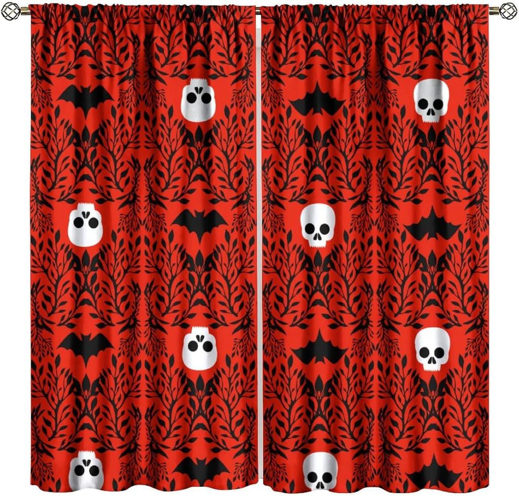 Gothic Black Damask Curtain Vintage Floral Exotic Suger Skull Window Treatments Bedroom Bone Skeleton Antique Bohemian Polyester Washable Ready