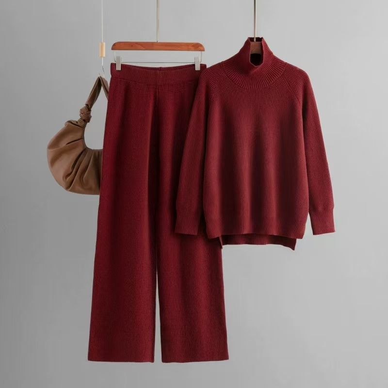Fashion Pure Color Knitting Turtleneck Sweater Loose Pants Suit Knited Sweater and Pants Set