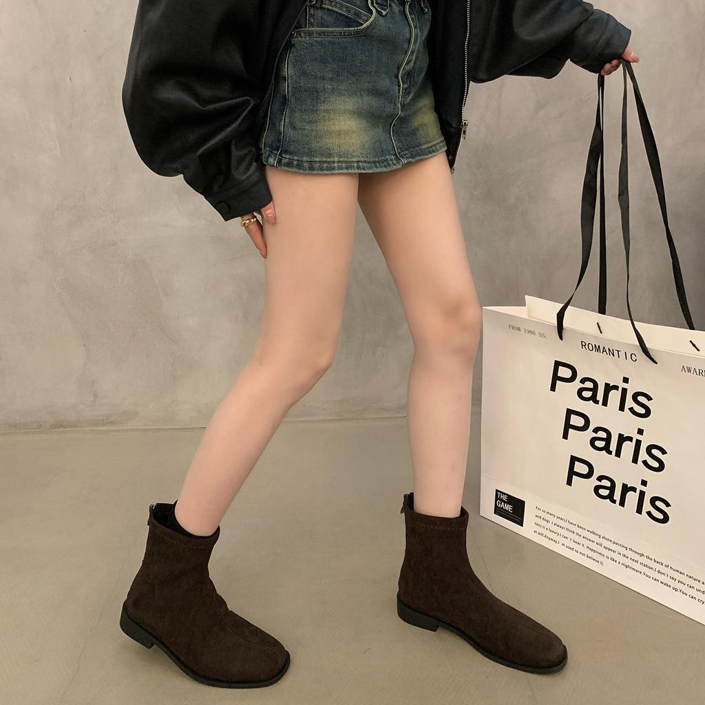 Flat-Bottomed Retro Suede Martin Boots Women'S Shoes Spring And Autumn Single Boots Rear Zipper Thin French Short Boots
