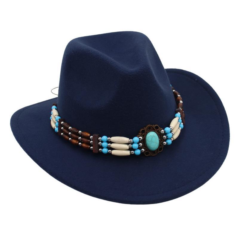 Ethnic Style Western Cowboy Top Hat Turquoise Horseback Riding Jazz Hat Crimped Felt Hat Literary And Retro Sun Hat