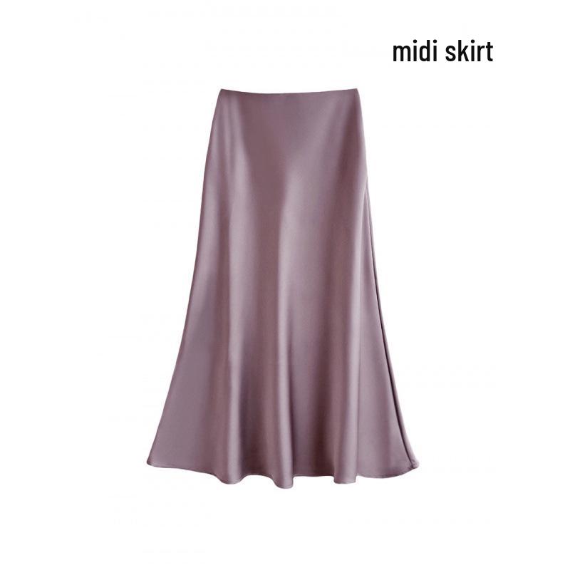 Satin Drape Elastic Waist Midi Skirt - Women's High Waist A-Line for Spring/Summer