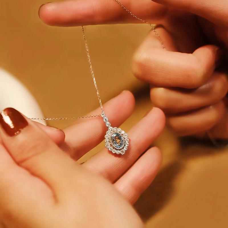 925 Sterling Silver Oval Aquamarine Necklace for Women with Lace Edge Design