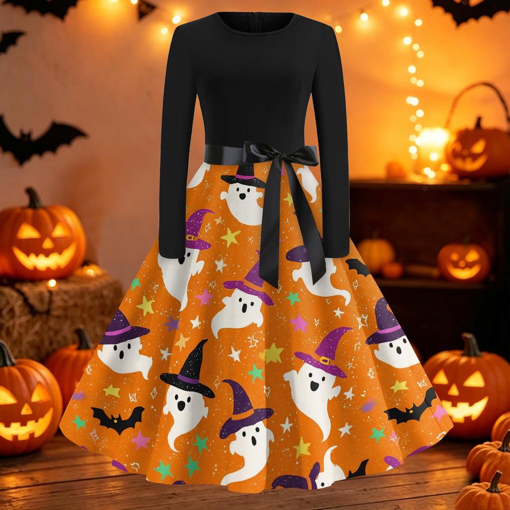 Women Crew Neck Long Sleeve Casual Fit and Flare Halloween Print Dress with Belt for Autumn Holiday Party Outfits