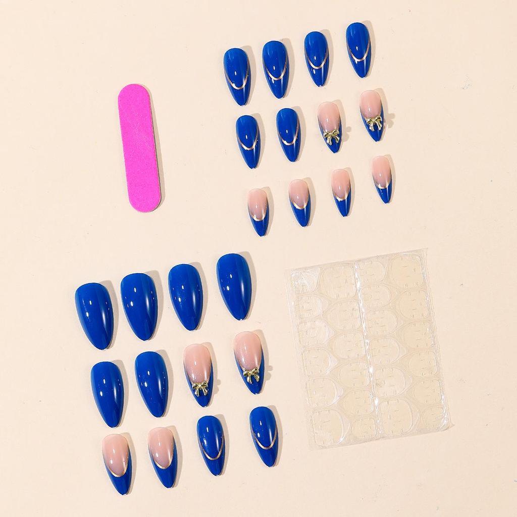 Blue French Edge Wearable Nails - European Style, Hot Selling Manicure