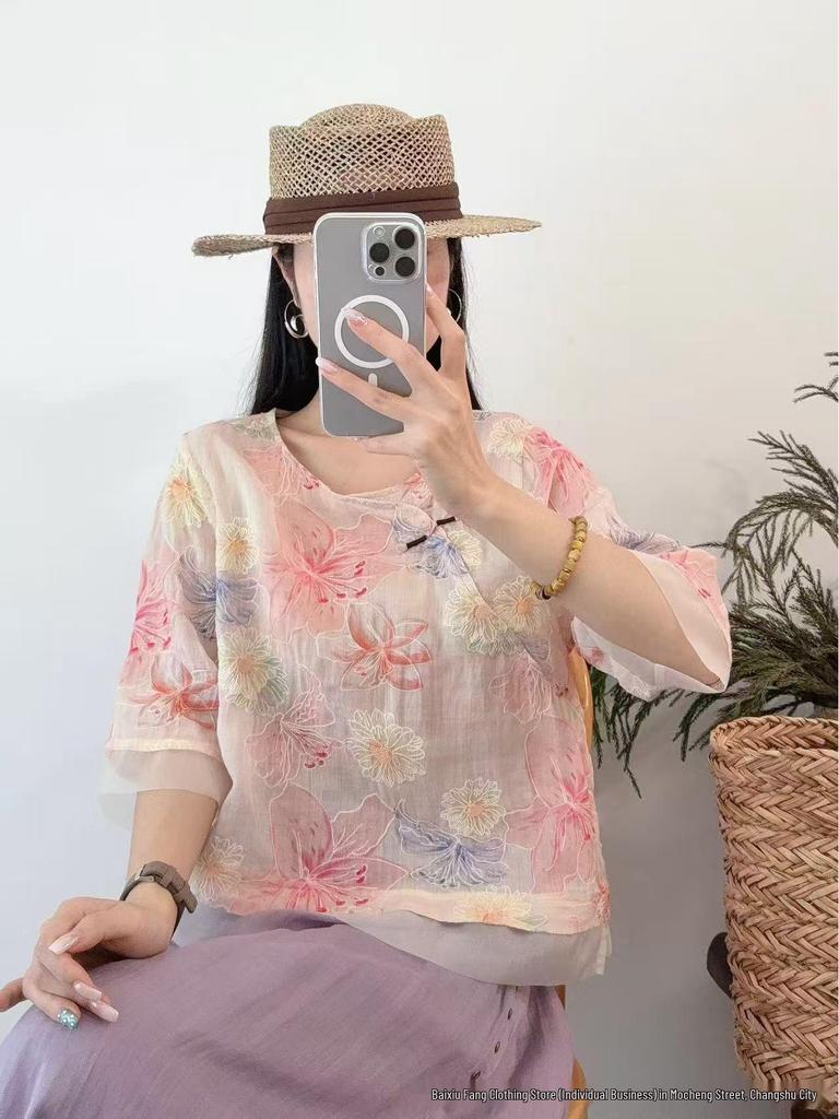 Women's Retro Linen Embroidered Frog Button Short Sleeve Slim Shirt
