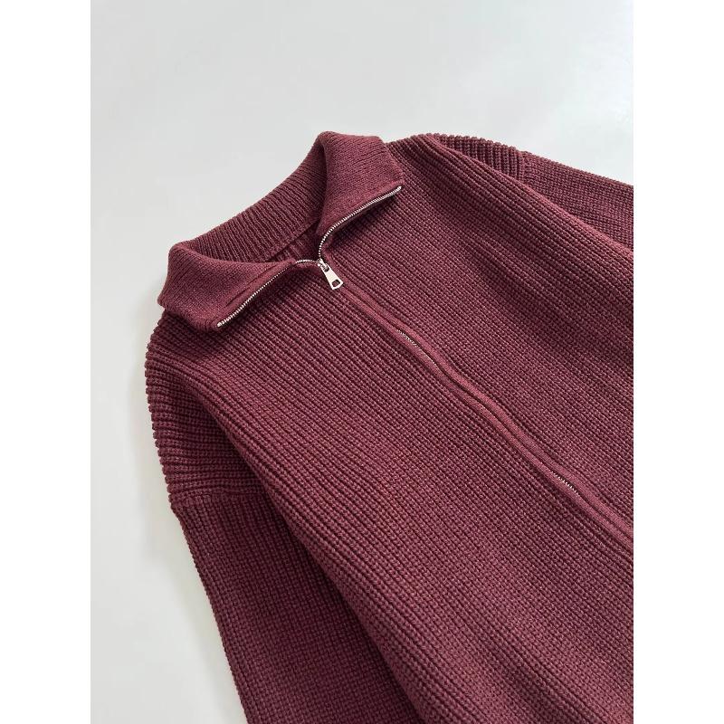 Frühling Damen Locker Fauler Stil Pullover Cardigan Ausgestellter Revers Langarm Doppelkettenstreifen Strickmantel