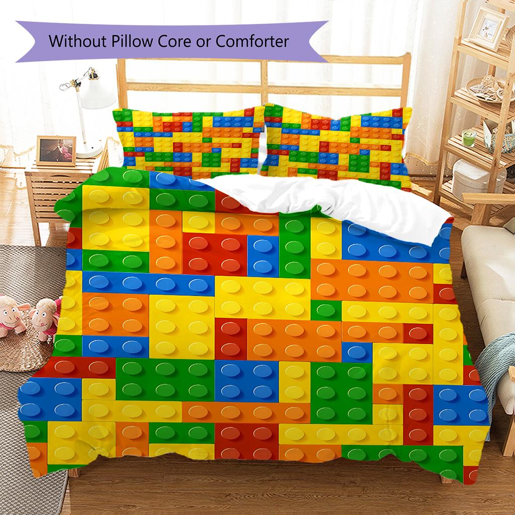 Building Blocks Pattern Bedding Quilt Set Quilt Cover Pillowcase Home Decoration Gift (1 * Duvet Cover + 2 * Pillowcase, Without Core)