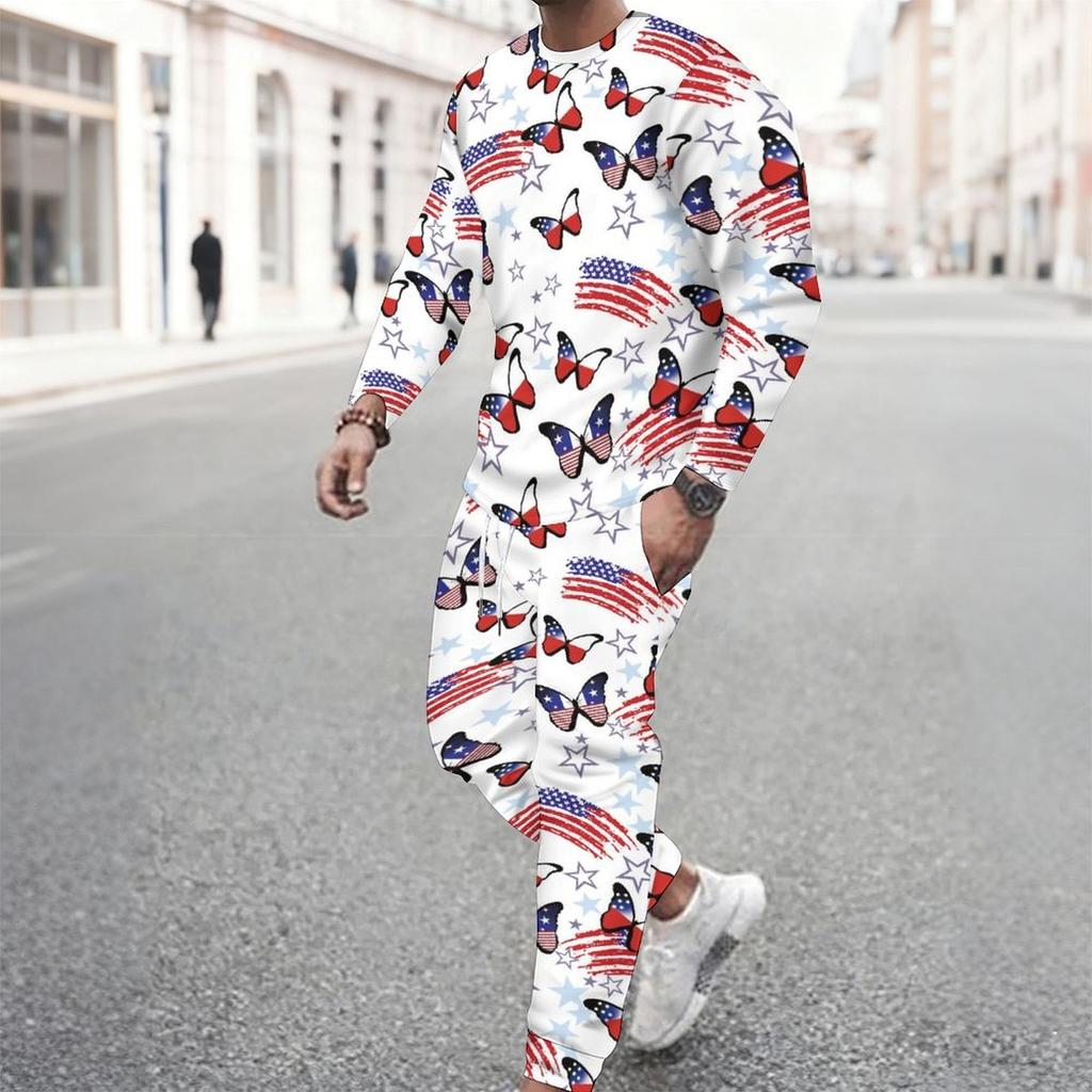 Men Distressed American Flag Star Stripe Print Long Sleeve Sweatshirt And Drawstring Jogger Pants Two Piece Outfit
