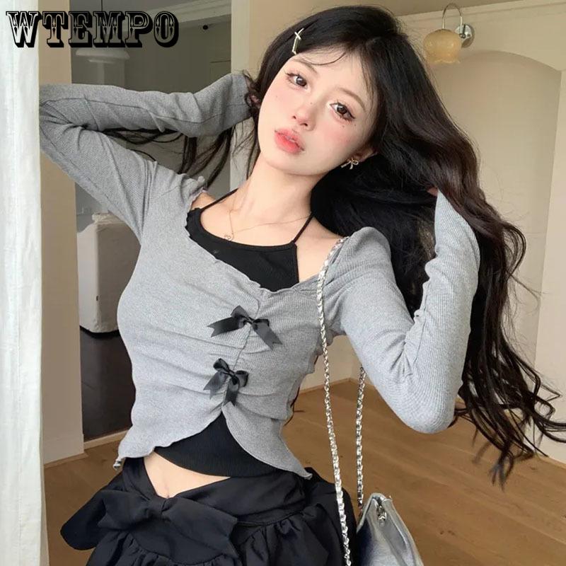 Pure Desire Irregular Grey Long Sleeve Top Tank Strap Design Women's Short Two-piece Set Slim American Spicy Girl Korean Fashion