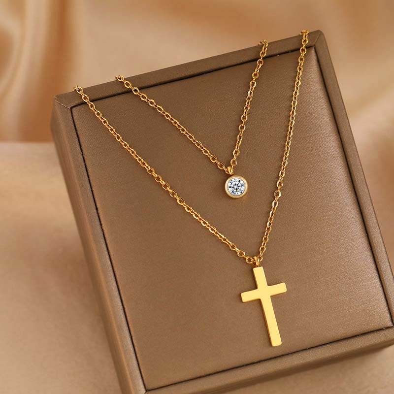 Stainless Steel Gold Color Cross Pendant Necklaces For Women Fashion Metal Double-layer Chain Necklace Zircon Gift