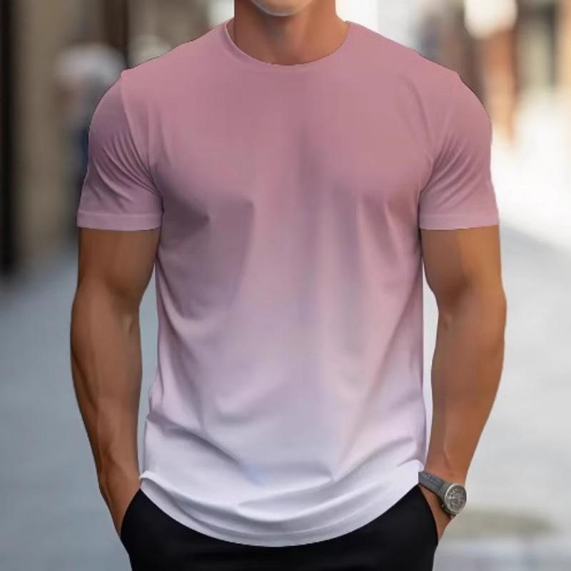 Men Gradient Color Short Sleeve T Shirt Crew Neck Casual Ombre Blue White Top