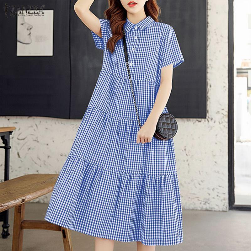 

Жіноча повсякденна плаття ZANZEA з відкладним коміром і короткими рукавами в клітку 5XL синій