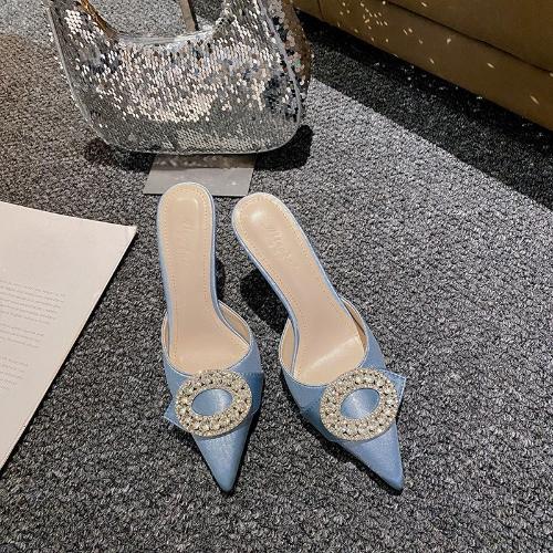 High Heel Pointed Toe Satin Rhinestone Sandals Thin Heel Round Buckle Women Shoes